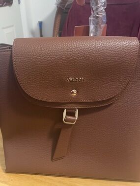 Brown Pebbled Backpack with Gold Accent